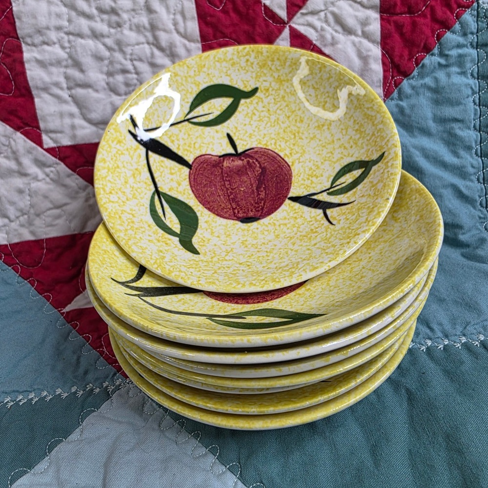 Vintage Mid Century Modern Apple Pattern Yellow Speckled Ceramic Small Plates x8